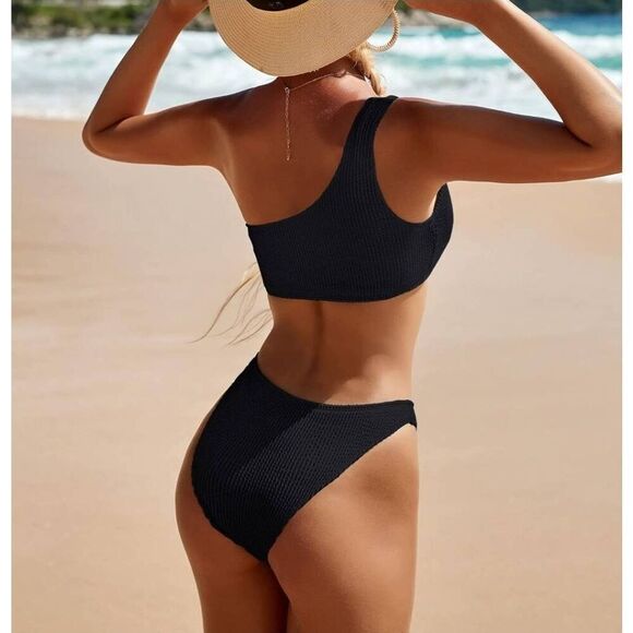 YIMISAN Women's Med Ribbed One Shoulder Top with Mid Waist Two Piece Bathing Sui - Picture 2 of 12